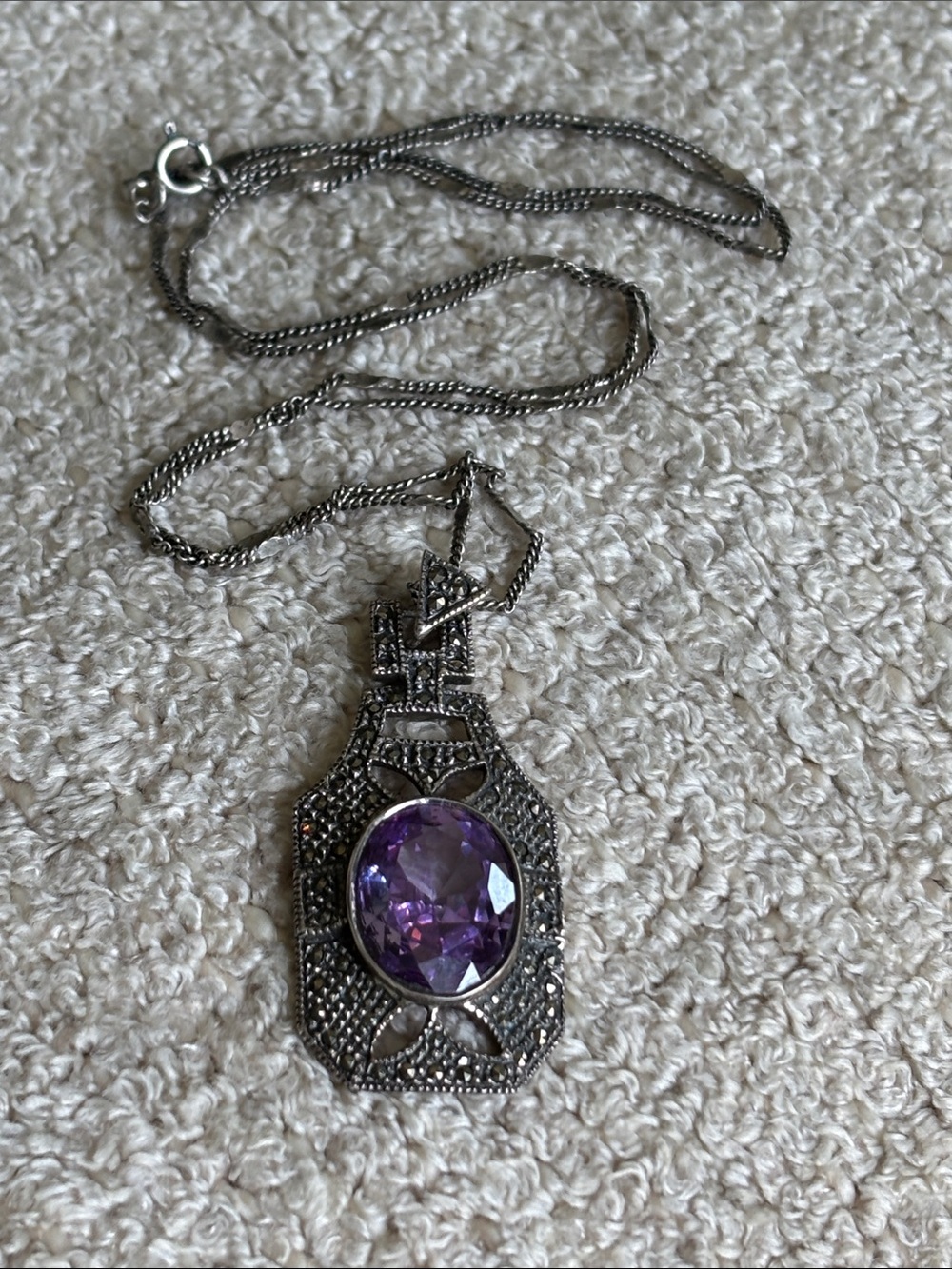 ⬛️ Vintage 925 Sterling Silver Amethyst Marcasite Art Deco Pendant Necklace